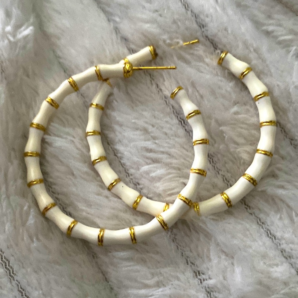 COPY - Gold Bamboo White Enamel Pierced Hoop Earrings. Possibly Lilly
